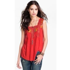 Free People Pullover Tank Top Blouse Women S Red Embroidered Relaxed Bohemian